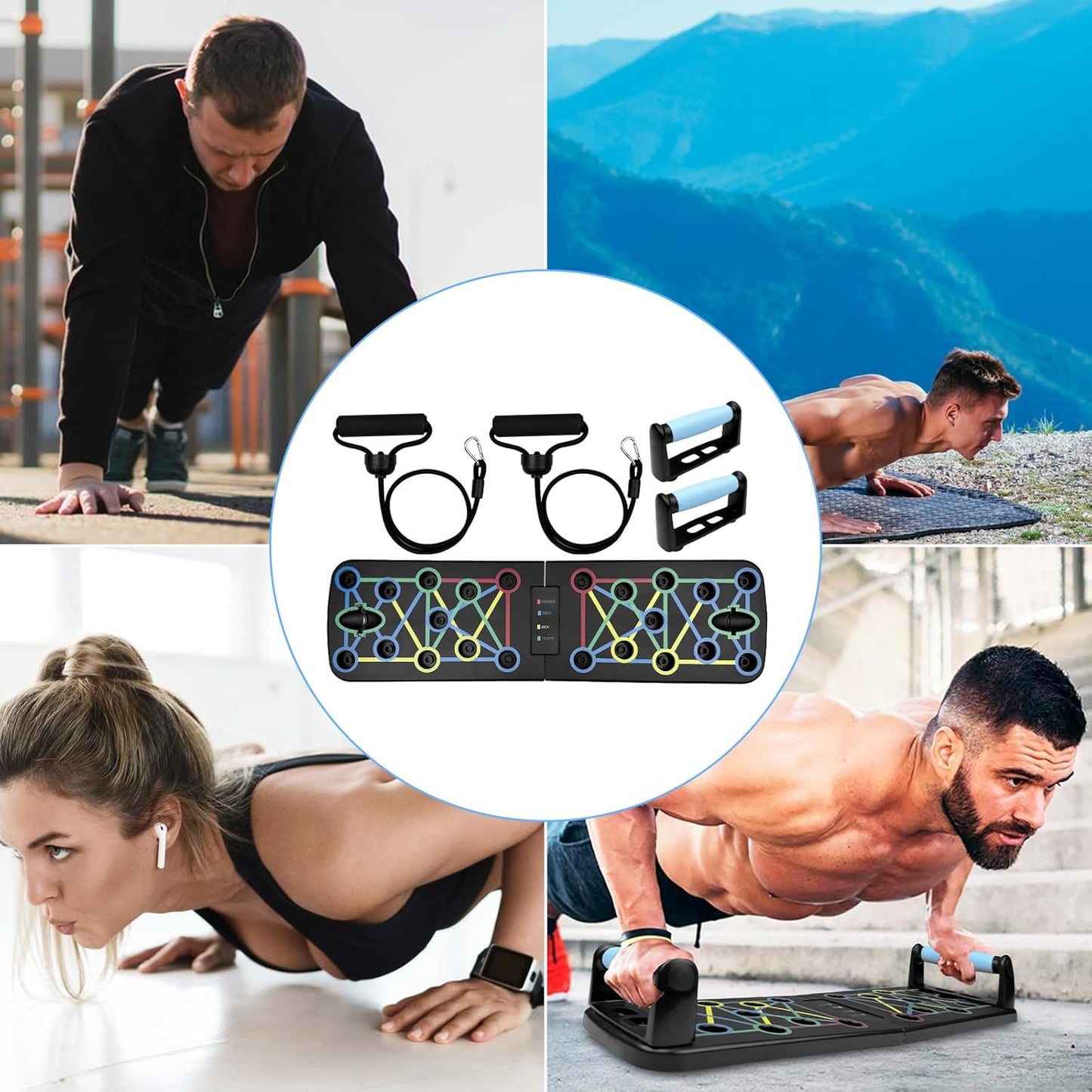 Traxenta Portable Planche Pompe, Planche Pompe Musculation avec Antiglisse Poignées, Planche Push Up, Push Up Board, Push Up Board Pliable avec 2 Bande de Résistance, Push Up Bar pour Muscles Exercice