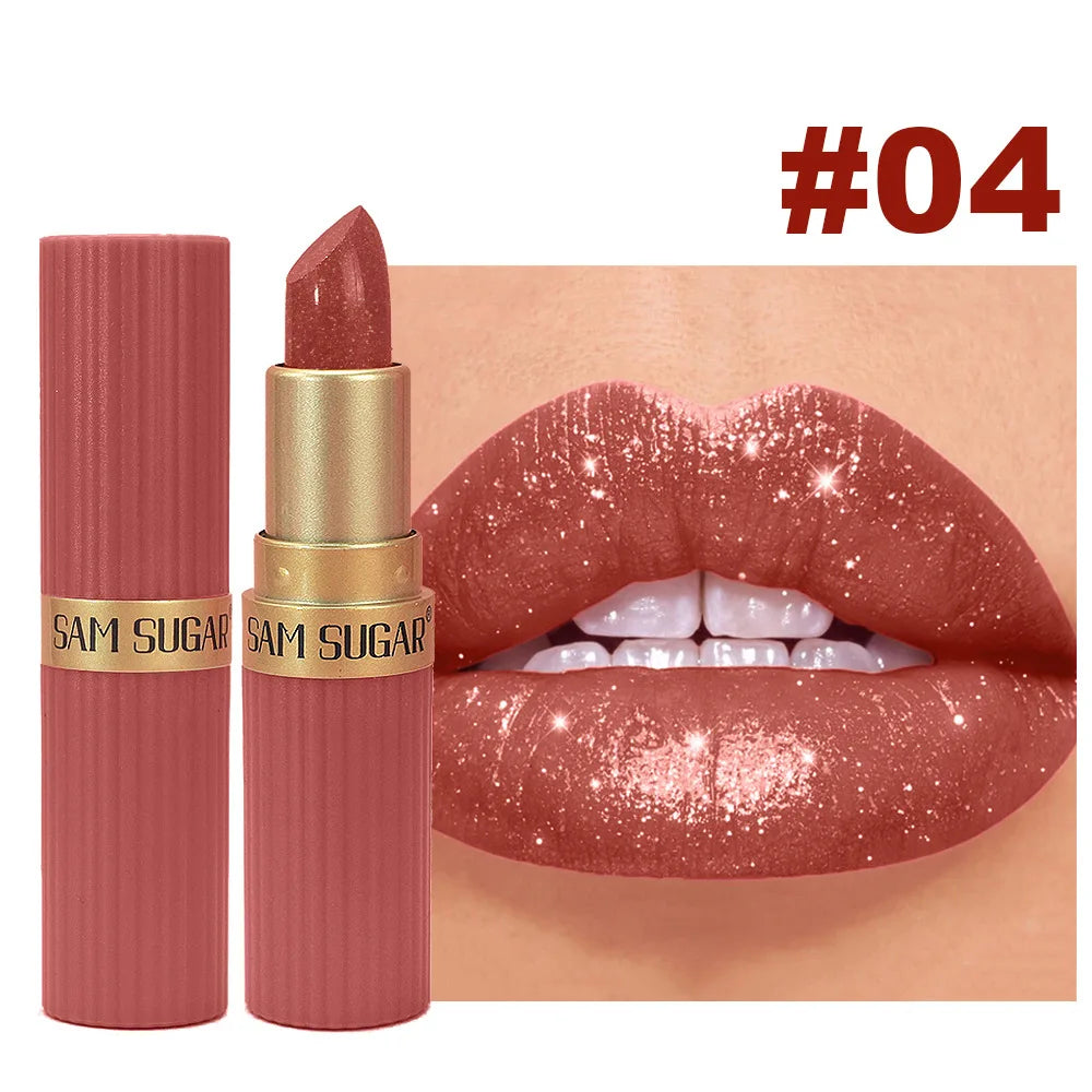 Pearlescent Pink Glitter Velvet Lipstick Metallic Waterproof Long Lasting Matte Shimmer Diamond Lipstick Women Makeup Cosmetic