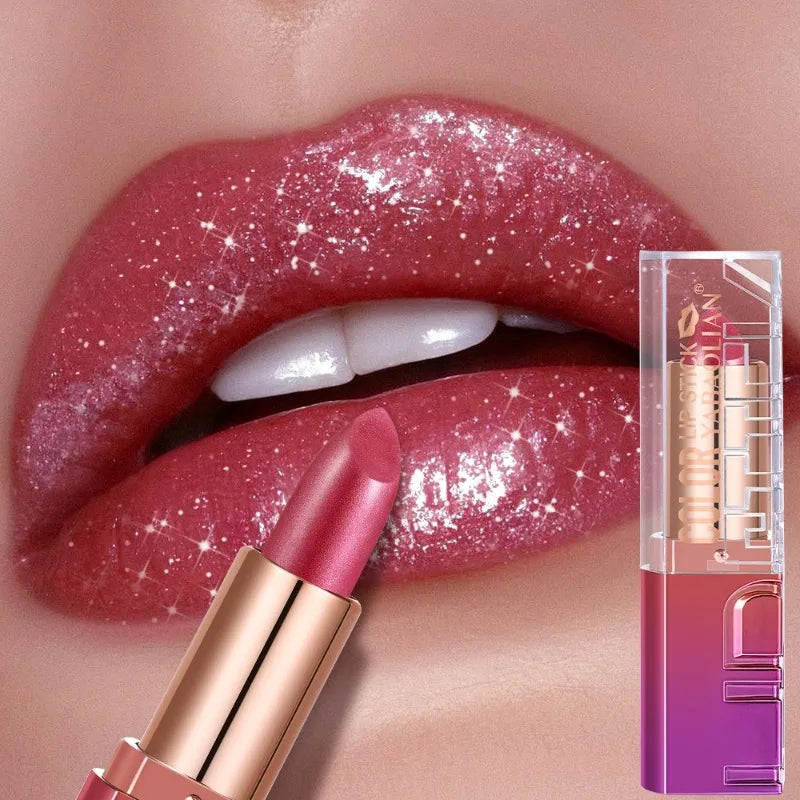 Pearlescent Rose Glitter Velvet Lipstick Moisturizing Crystal Long Lasting Jelly Shimmer Diamond Lip Plumper Gloss Tint Cosmetic