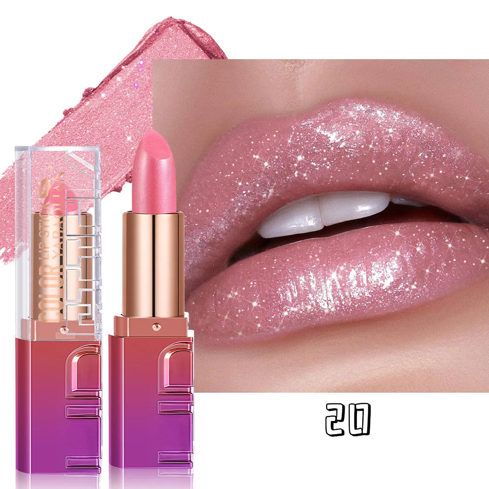 Pearlescent Rose Glitter Velvet Lipstick Moisturizing Crystal Long Lasting Jelly Shimmer Diamond Lip Plumper Gloss Tint Cosmetic