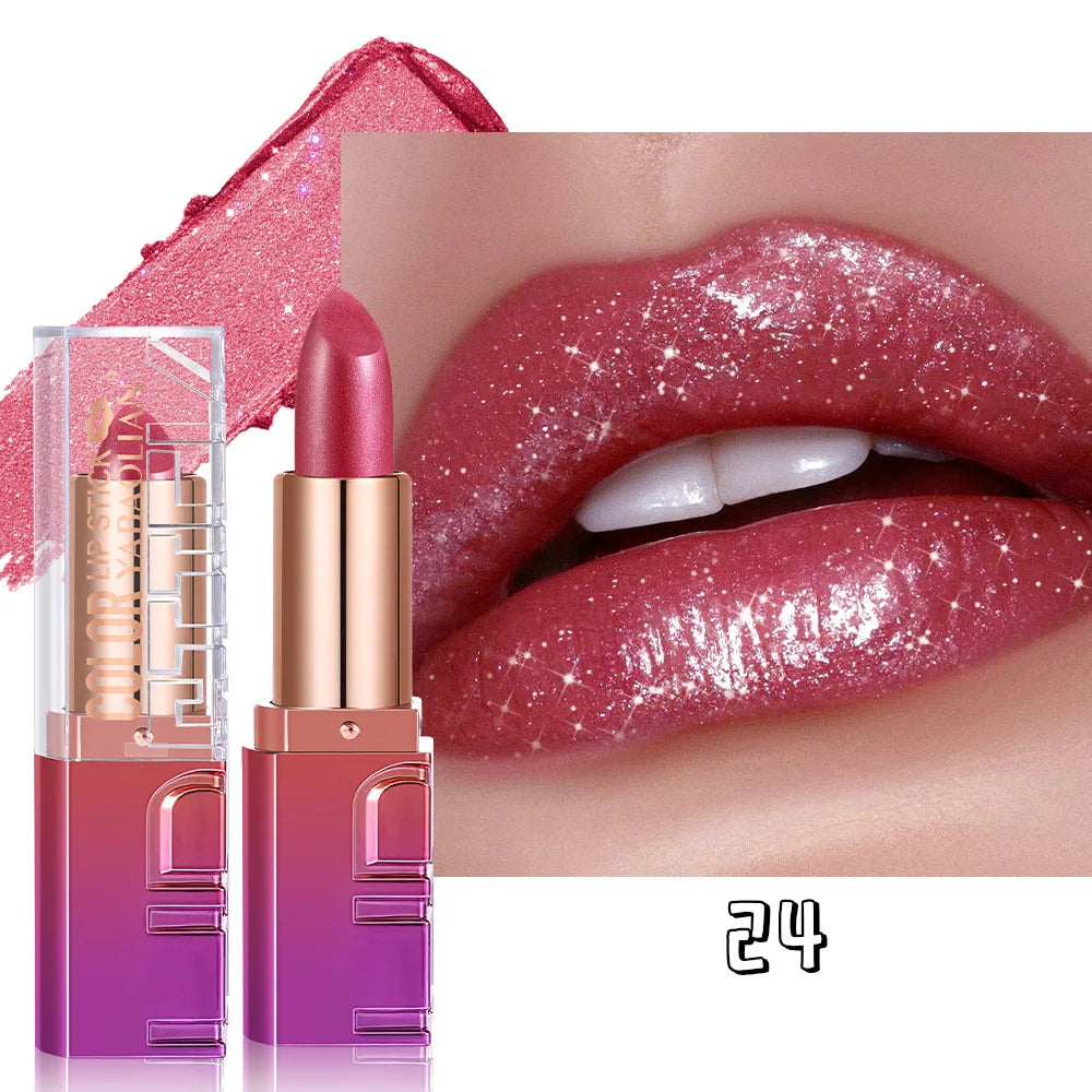 Pearlescent Rose Glitter Velvet Lipstick Moisturizing Crystal Long Lasting Jelly Shimmer Diamond Lip Plumper Gloss Tint Cosmetic
